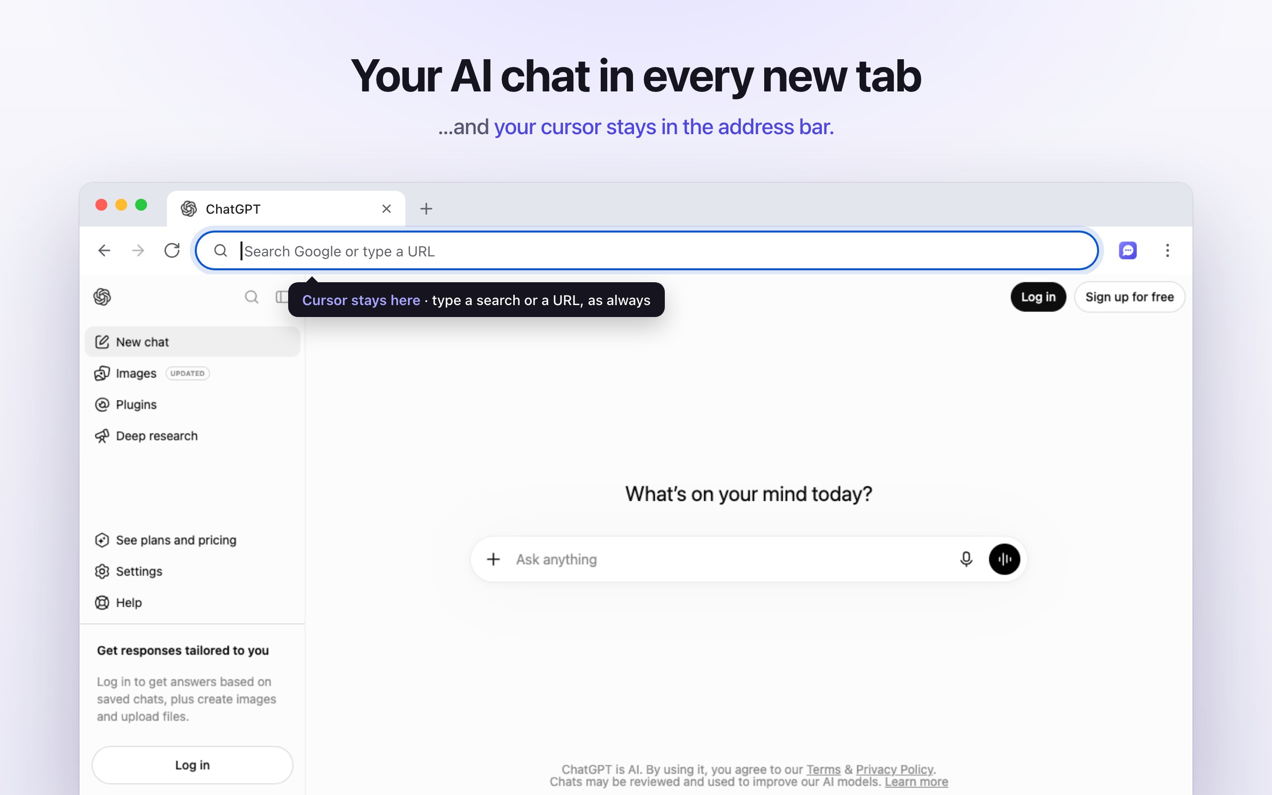 A new Chrome tab showing ChatGPT, with the cursor still in the address bar