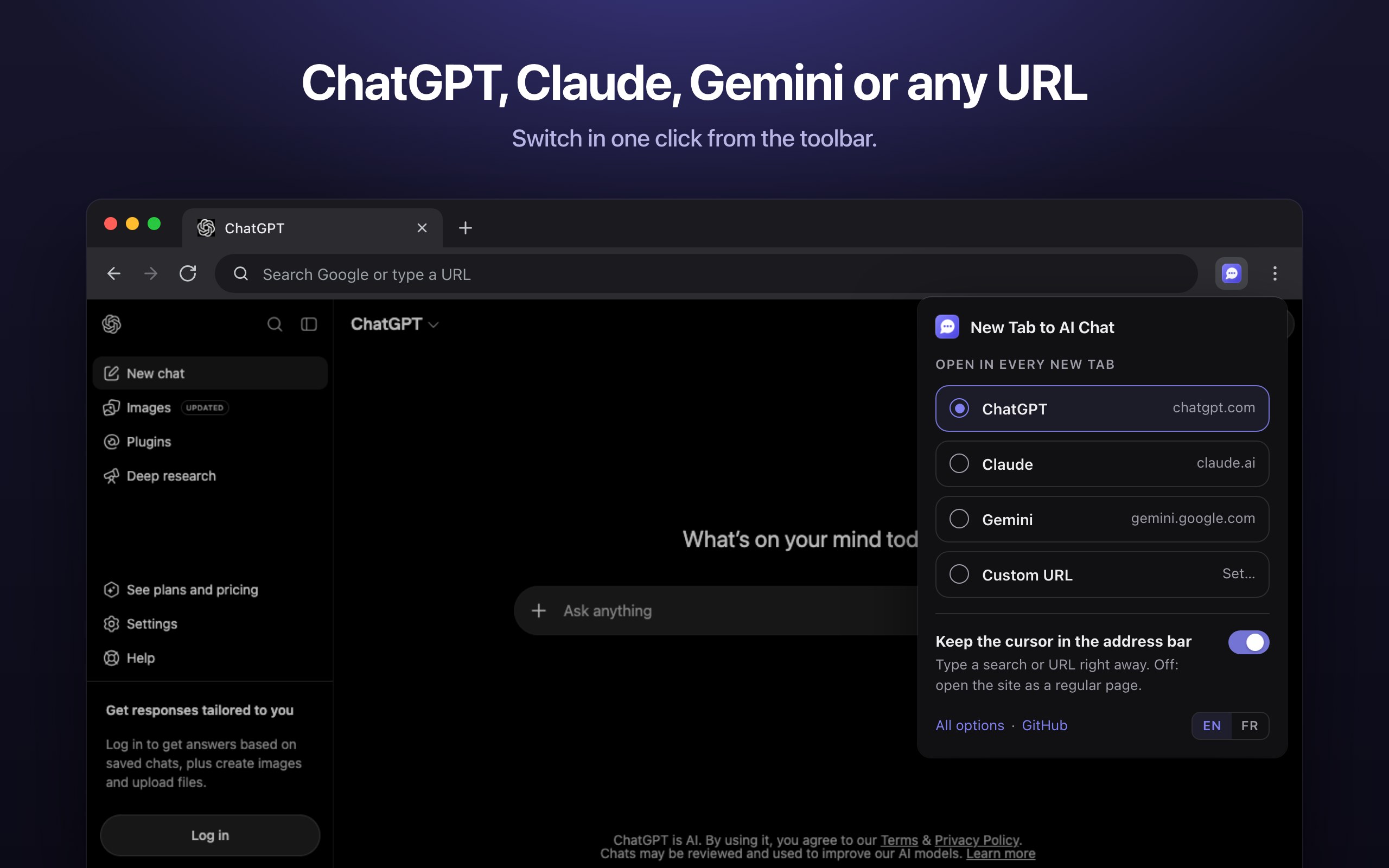 The extension's toolbar popup to switch between ChatGPT, Claude, Gemini and a custom URL