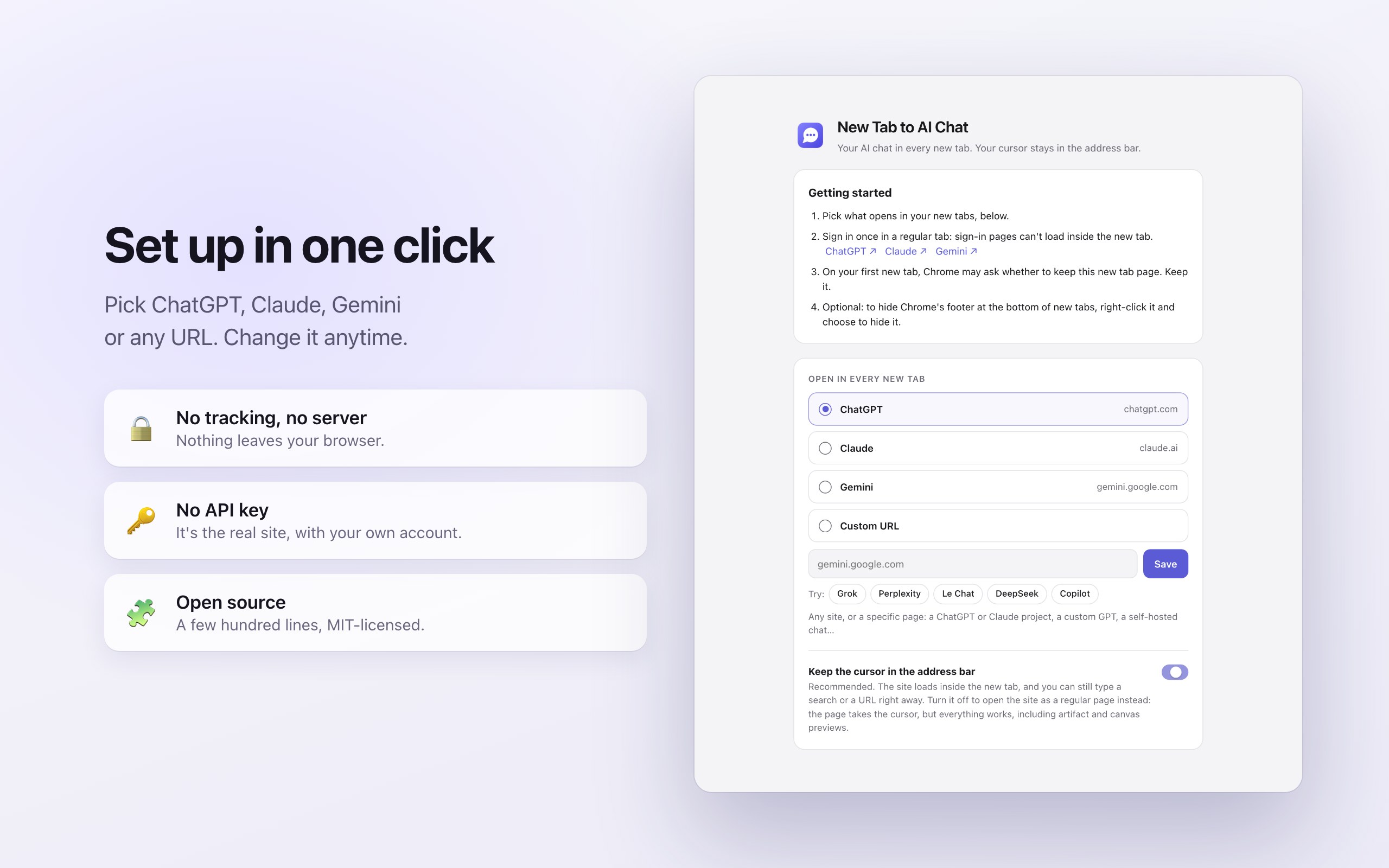 The welcome page: pick ChatGPT, Claude, Gemini or a custom URL, and the privacy promises